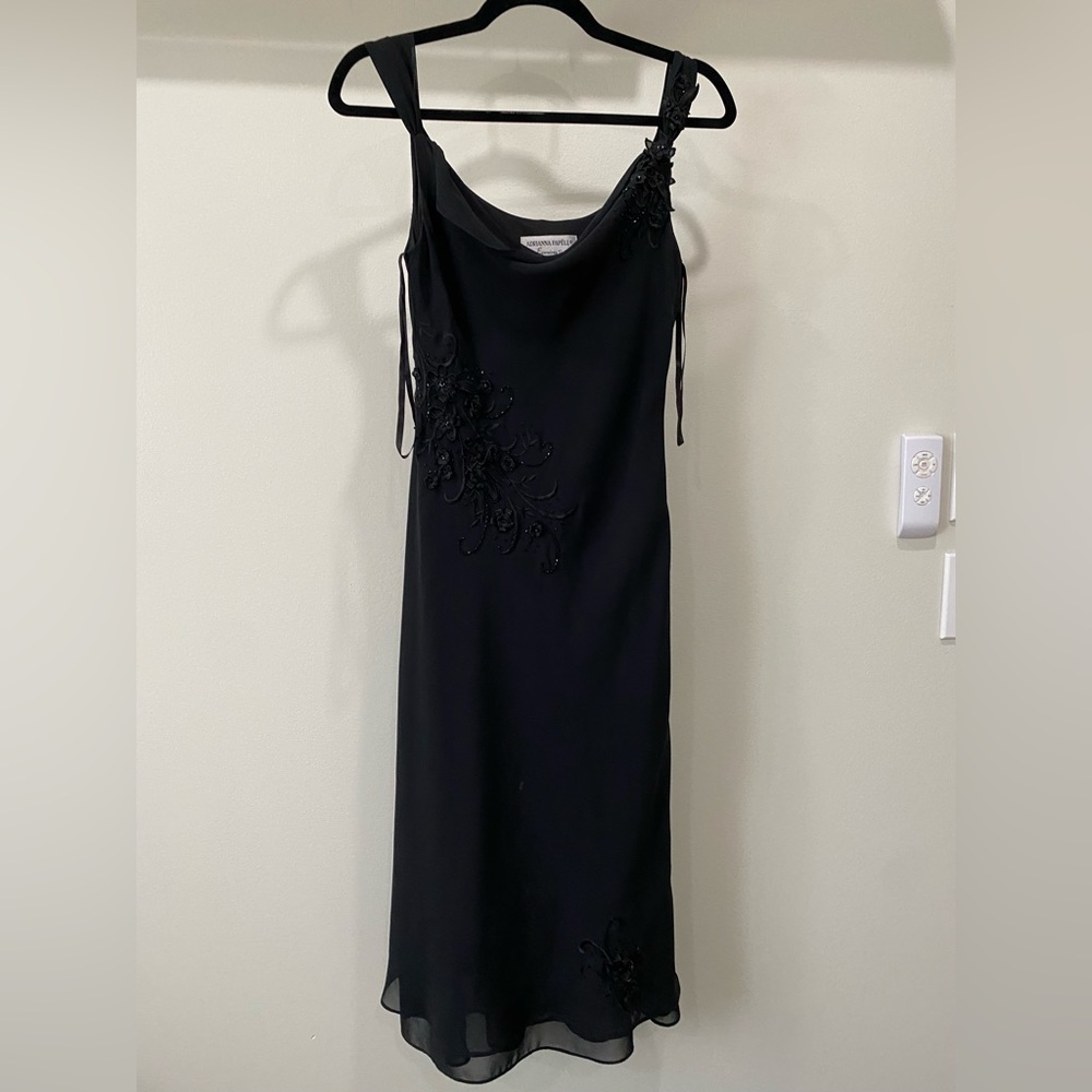 Adrianna Papell LBD Evening Dress Black Cowl Neck Beaded Floral Appliqué
